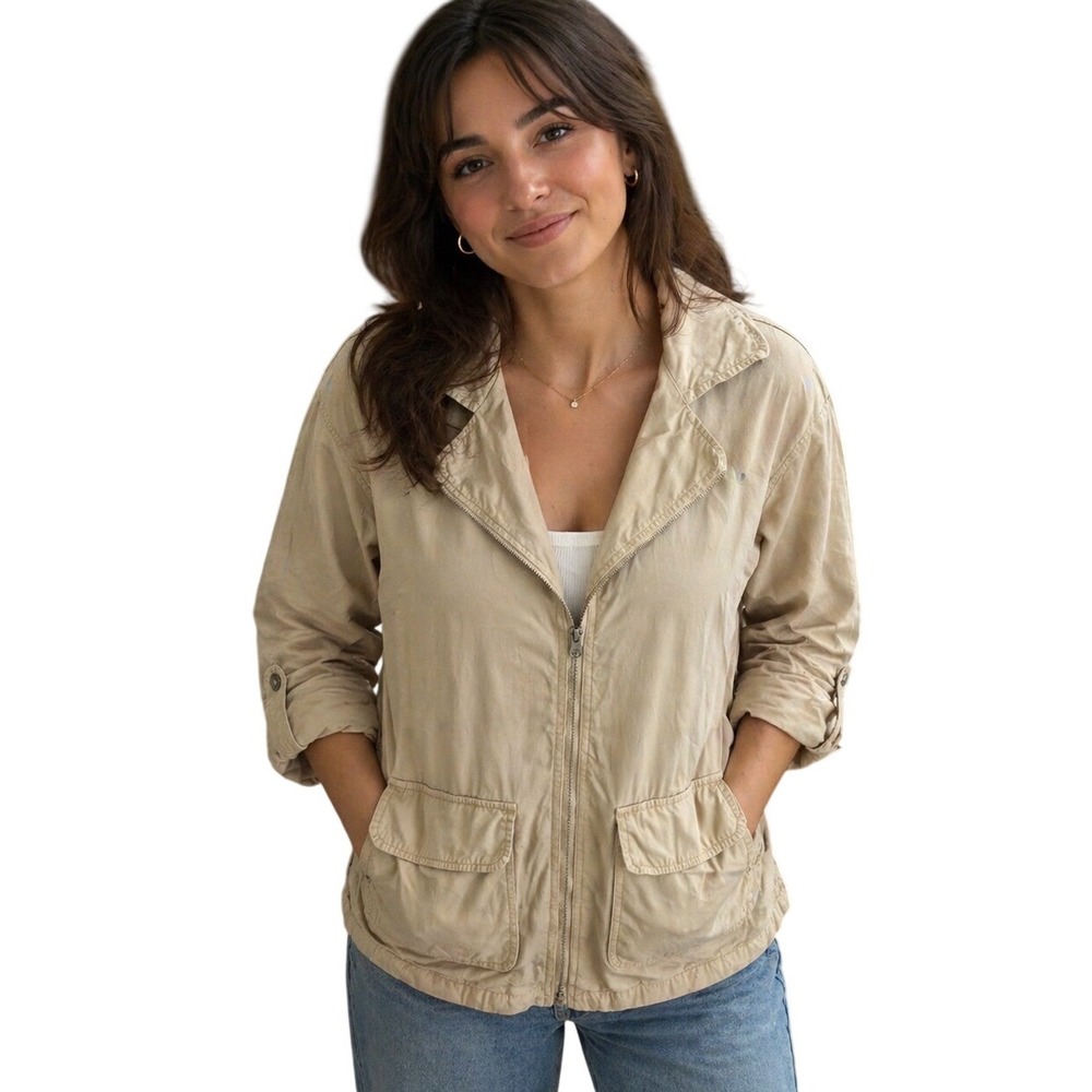 Lempelius Safari Beige‎ Utility Zip Up Jacket Collar Wide Sleeve XS HH18
